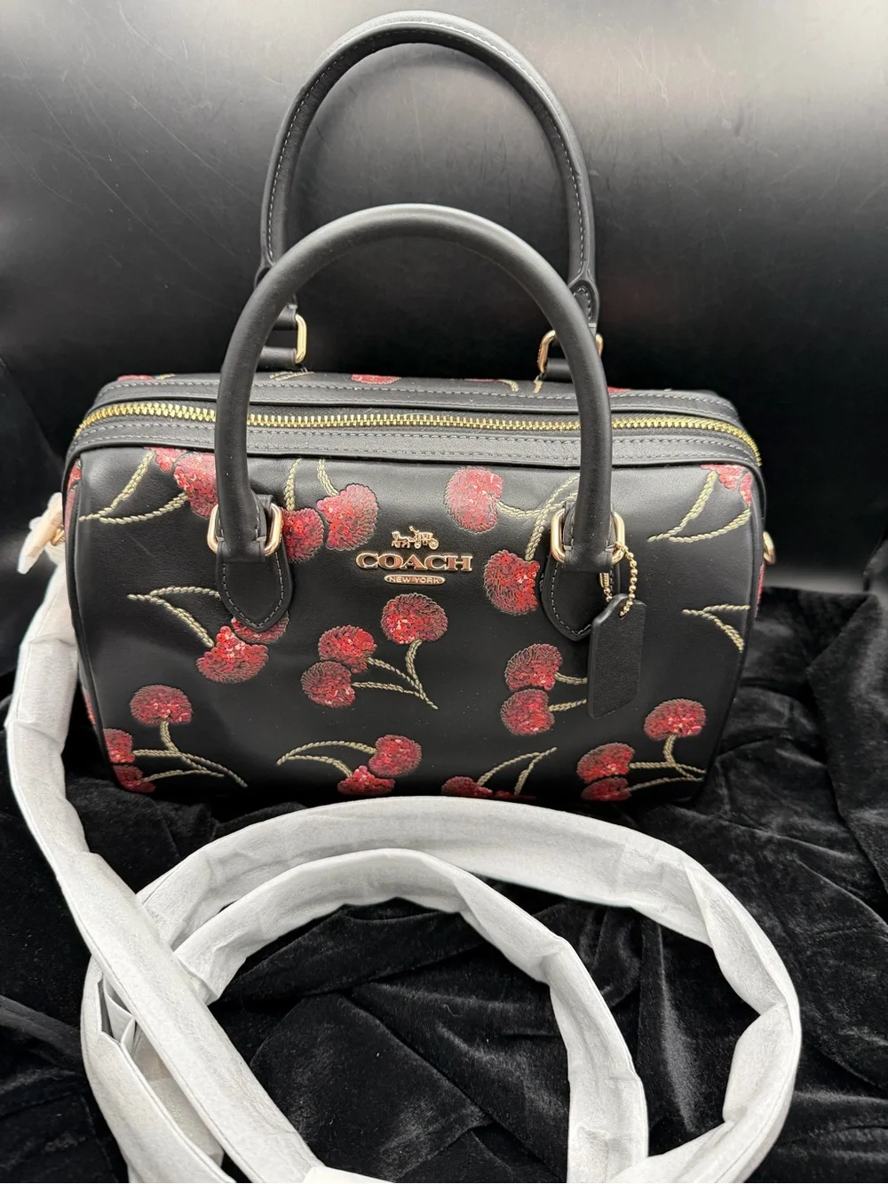 COACH Black Cherry Embroidered Rowan Leather Satchel